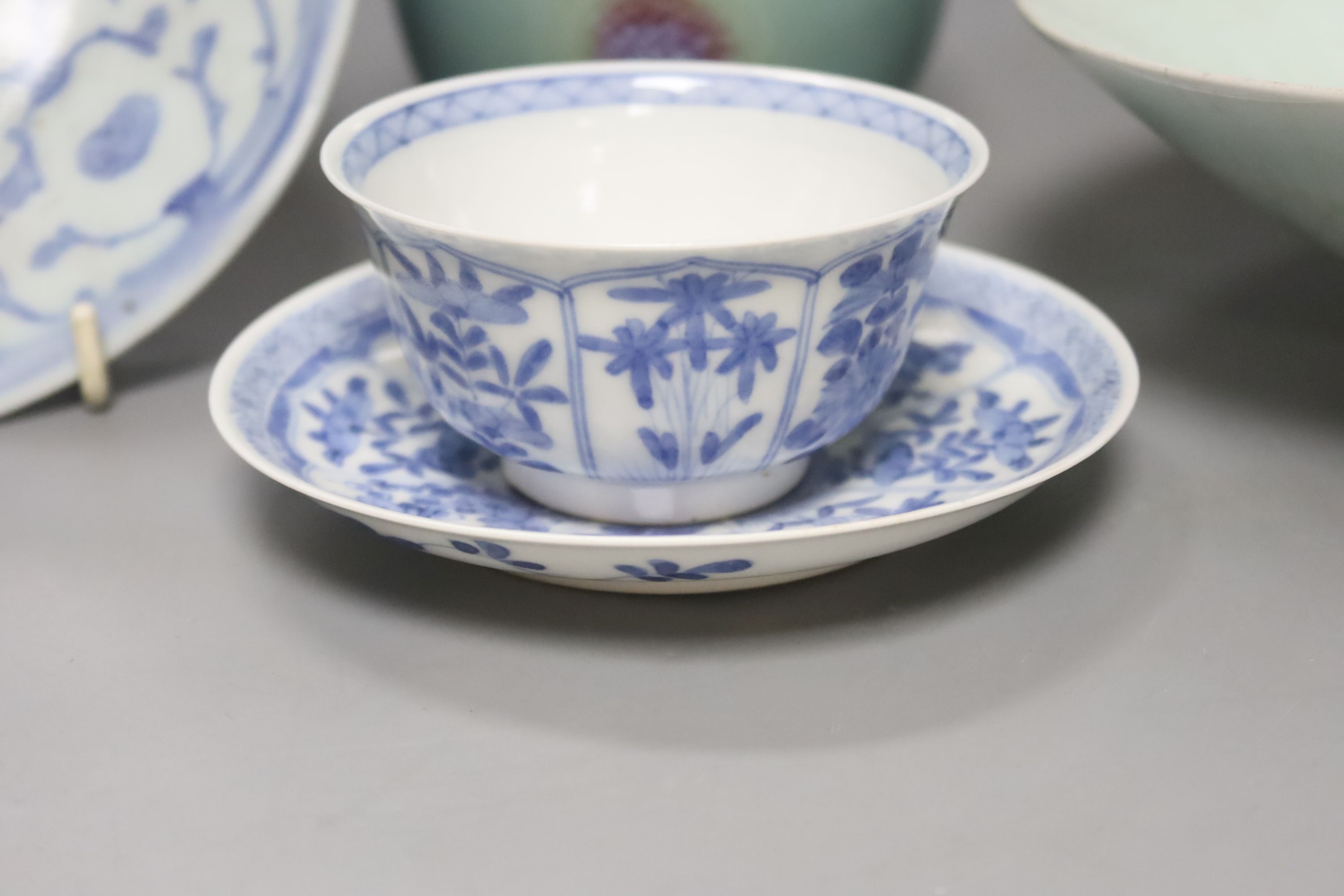 A Chinese celadon glazed vase, height 28cm, together with a crackle glaze bowl, a blue and white teabowl and saucer and a blue and white dish